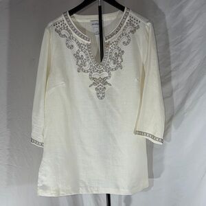 Peck & Peck Cream Embroidered Tunic 100% Linen Rhinestone Size Medium